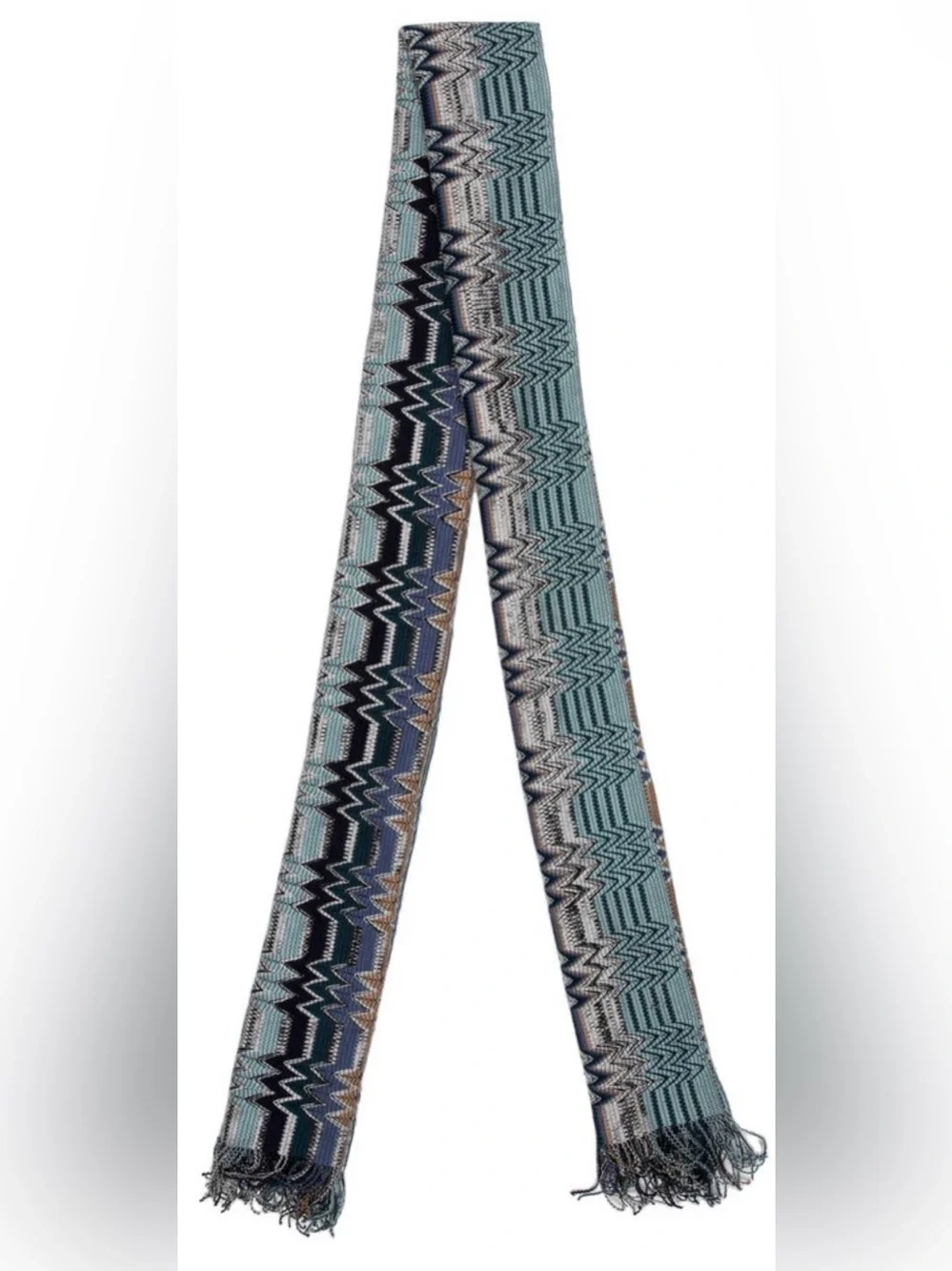 Missoni Wool ZigZag Patterned Blue Multi Fringe Edge Wrap Scarf NWOT 72.5”x16”